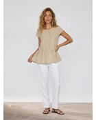 Ärmelloses Leinentop mit Rüschen in Beige/Grün