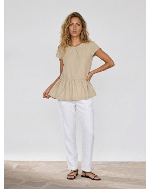 Ärmelloses Leinentop mit Rüschen in Beige/Grün