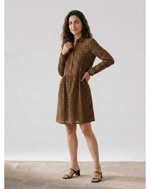 Mittelgroßes kariertes Kleid aus Etamin-Wollmischung in Grün/Kamel