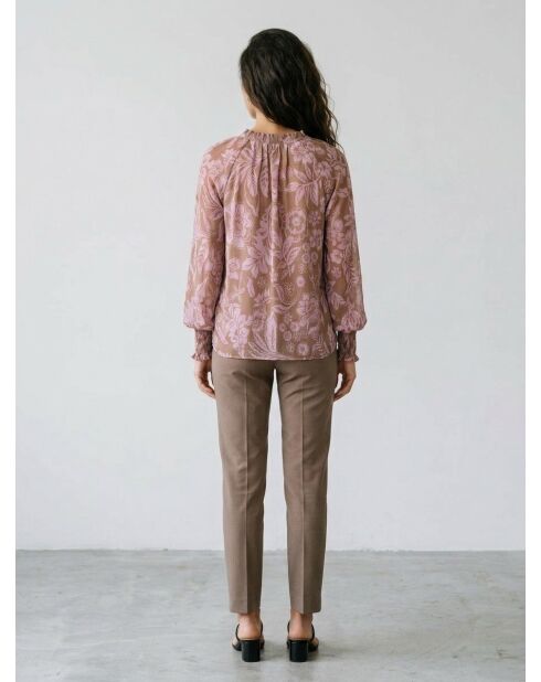Blusa a maniche lunghe a fiori fluidi tortora/rosa