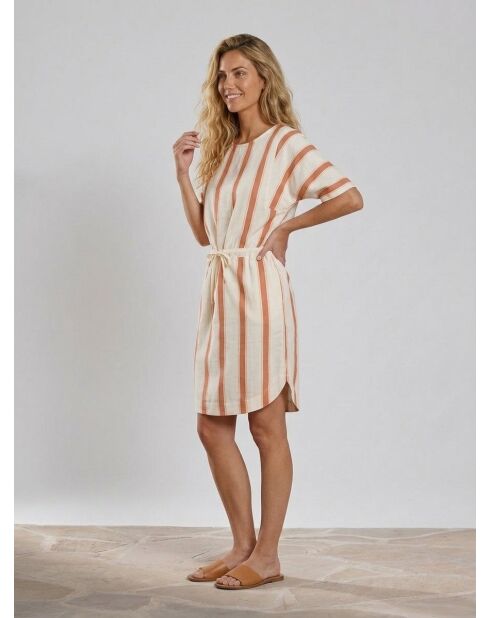 Mittellanges Kleid Anis aus Leinenmix mit weiß/braunen Streifen
