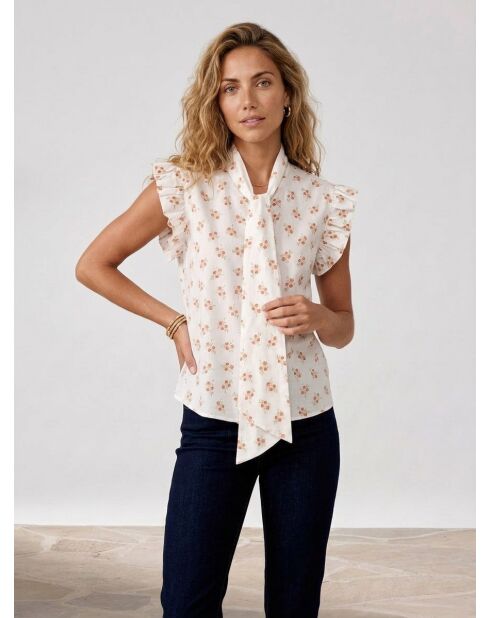 Blusa camisero blanca Antoine con estampado floral y cuello lavallier