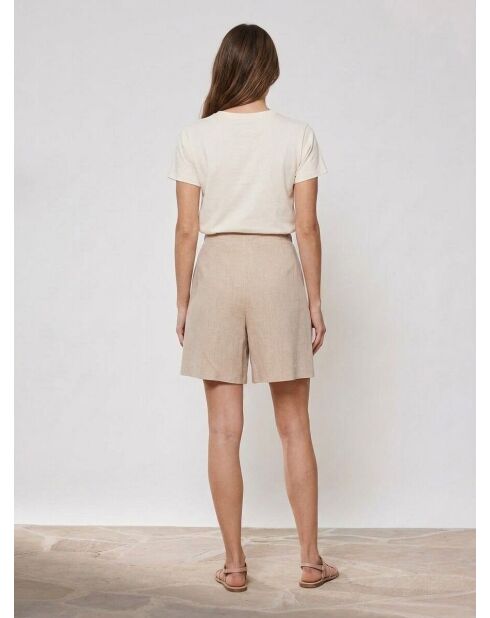 Shorts beige in misto lino plissettato