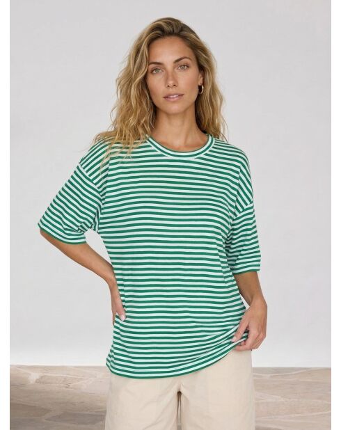 T-shirt verde/bianca a righe 100% lino
