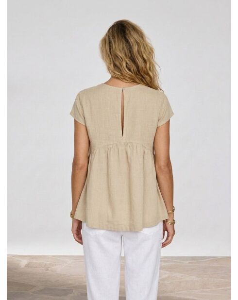 Ärmelloses Leinentop mit Rüschen in Beige/Grün