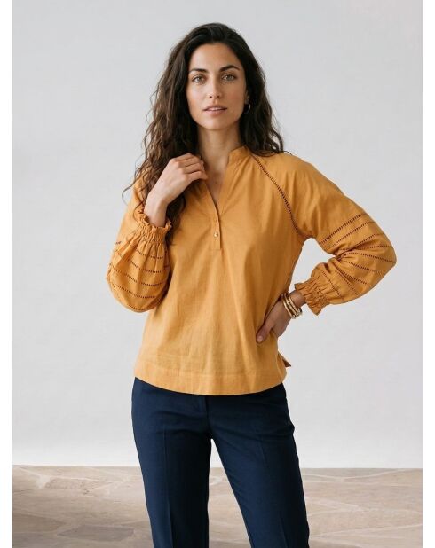 Blusa holgada Ramos de algodón con bordado amarillo oscuro