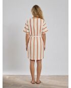 Mittellanges Kleid Anis aus Leinenmix mit weiß/braunen Streifen
