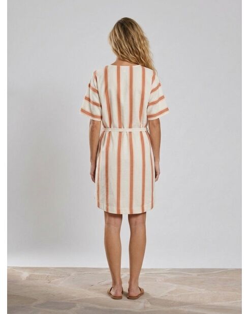 Mittellanges Kleid Anis aus Leinenmix mit weiß/braunen Streifen