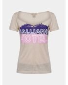 Slim t-shirt met beige/paars/roze opdruk