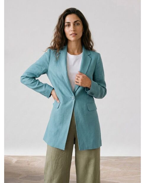 Türkisblauer Langer Blazer aus Leinenmischung