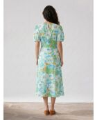 Blauw/groene midi-jurk met bloemenprint Beline