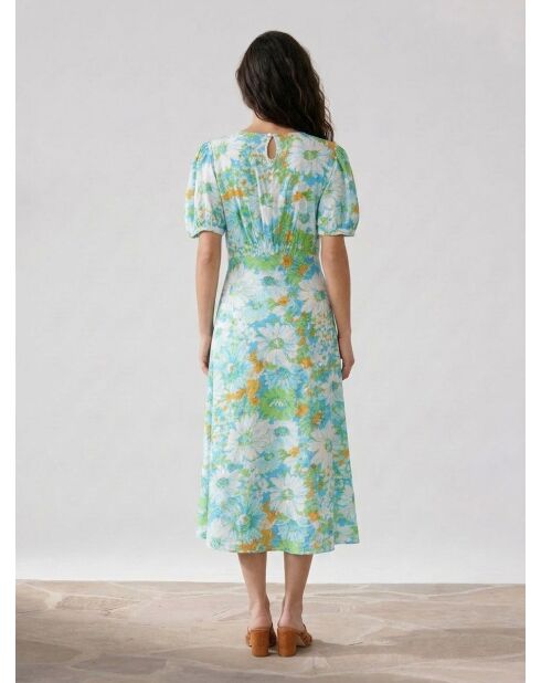 Blauw/groene midi-jurk met bloemenprint Beline
