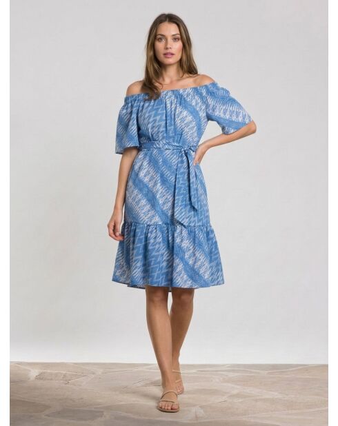 Cecile Azurfarbenes, schulterfreies Kleid mit Aufdruck