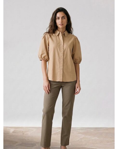 Paperbag shirt met plooien 3/4 mouwen beige