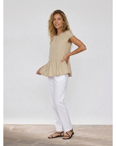 Ärmelloses Leinentop mit Rüschen in Beige/Grün