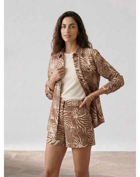 Camisa 100% lino con estampado coral beige