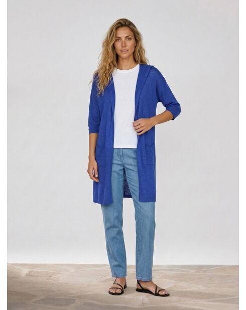 Gilet lungo Livia blu in misto lino con cappuccio