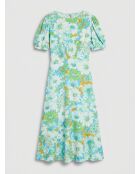 Blauw/groene midi-jurk met bloemenprint Beline