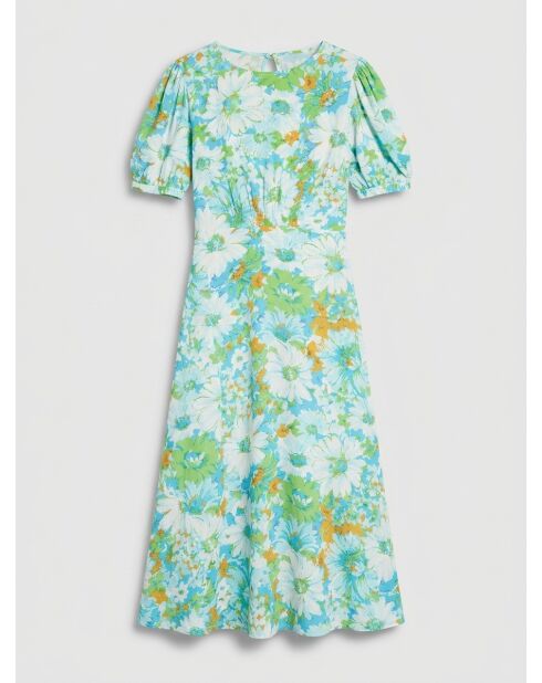 Blauw/groene midi-jurk met bloemenprint Beline
