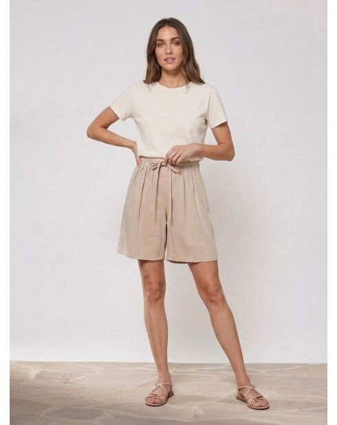 Shorts beige in misto lino plissettato