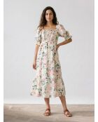 De Christin Midikleid aus 100% Leinen mit weiß/mehrfarbigem Blumendruck