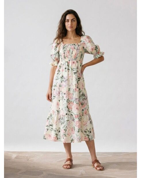 De Christin Midikleid aus 100% Leinen mit weiß/mehrfarbigem Blumendruck