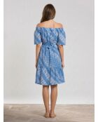 Cecile Azurfarbenes, schulterfreies Kleid mit Aufdruck