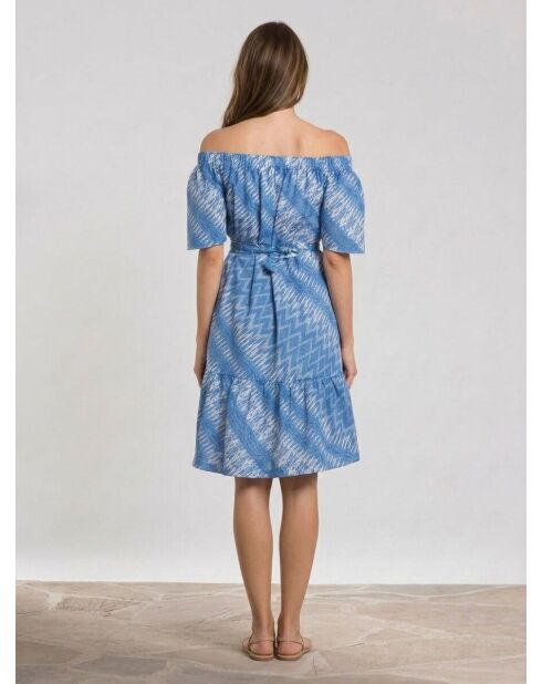 Cecile Azurfarbenes, schulterfreies Kleid mit Aufdruck