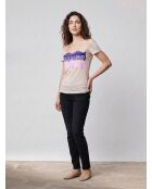 Slim t-shirt met beige/paars/roze opdruk