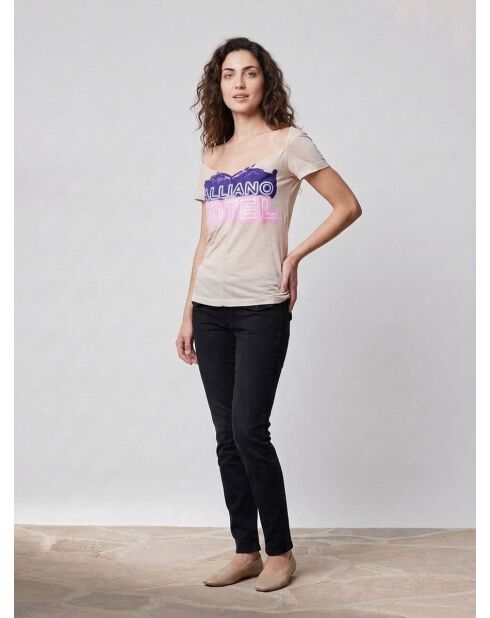 Camiseta delgada con estampado beige/púrpura/rosa