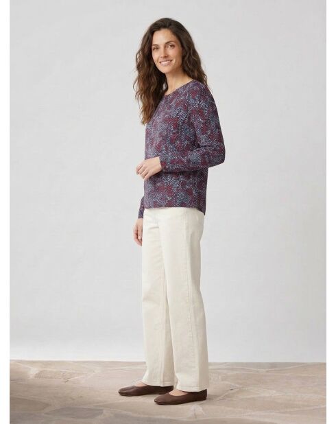 Blusa fluida con maniche a sbuffo motivi prugna/blu