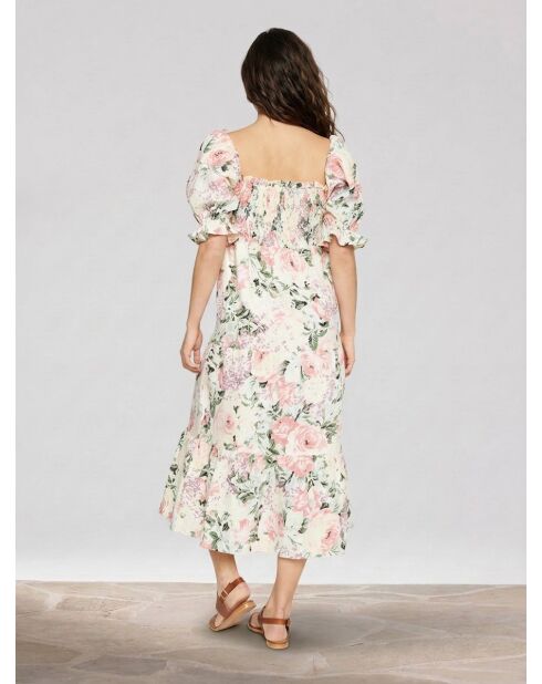 De Christin Midikleid aus 100% Leinen mit weiß/mehrfarbigem Blumendruck