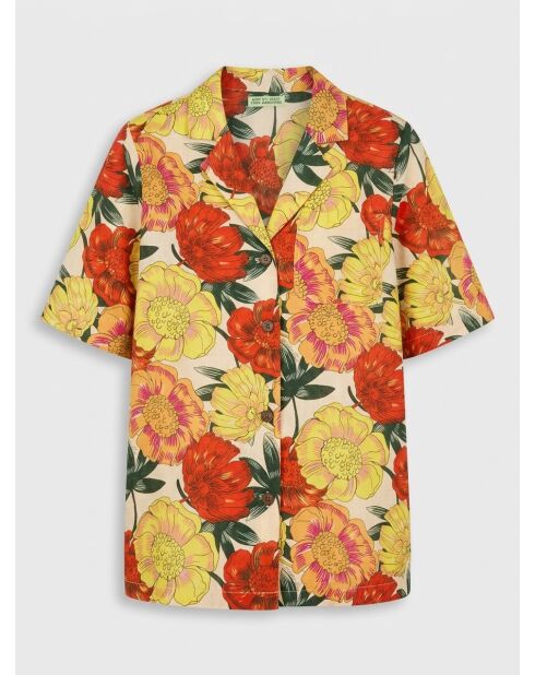 Lockeres Hemd aus 100% Leinen mit mehrfarbigem Hawaii-Print