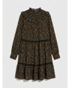 Mehrfarbiges, ausgestelltes Kleid mit gesmoktem Kragen und Blumendruck