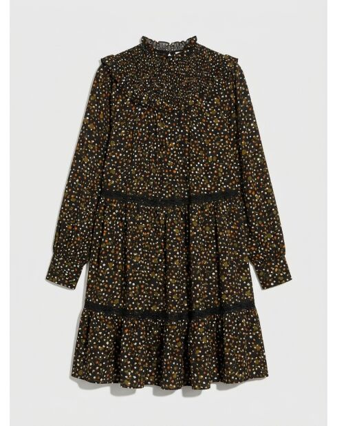 Mehrfarbiges, ausgestelltes Kleid mit gesmoktem Kragen und Blumendruck