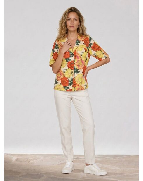 Lockeres Hemd aus 100% Leinen mit mehrfarbigem Hawaii-Print
