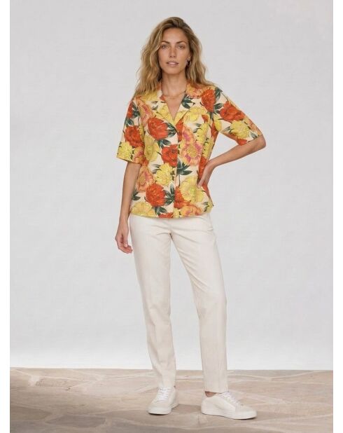 Lockeres Hemd aus 100% Leinen mit mehrfarbigem Hawaii-Print