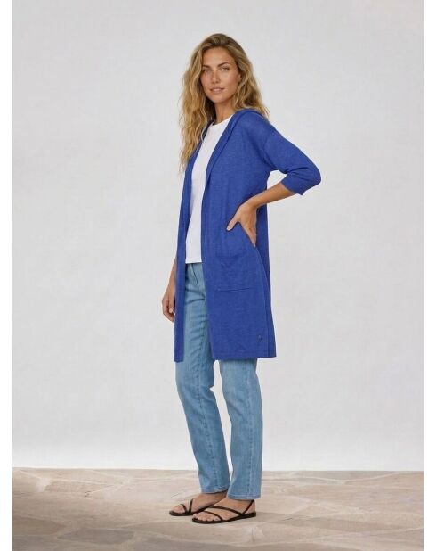 Gilet lungo Livia blu in misto lino con cappuccio