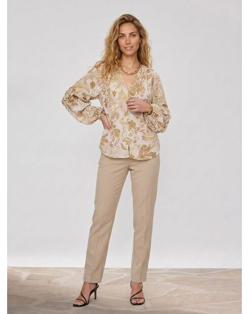 Beige/ecru hemd met lange mouwen en bloemen