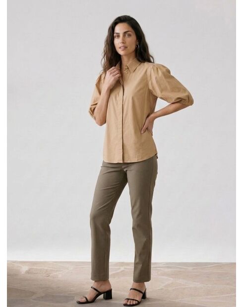 Paperbag shirt met plooien 3/4 mouwen beige