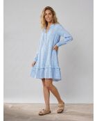 Blauw/witte korte jurk met ruches