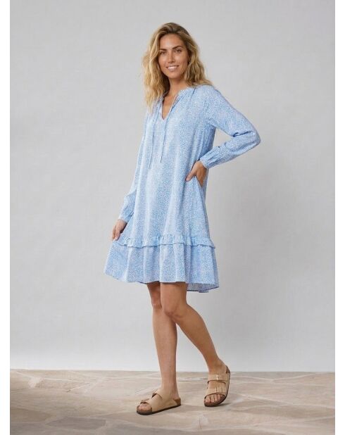 Blauw/witte korte jurk met ruches