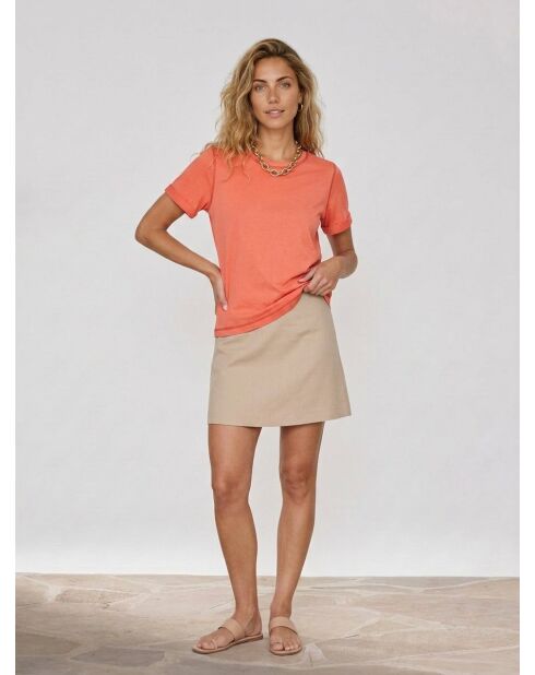 Oranje katoenen T-shirt met ronde hals en korte mouwen