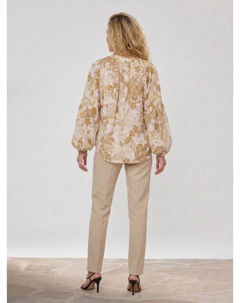 Beige/ecru hemd met lange mouwen en bloemen