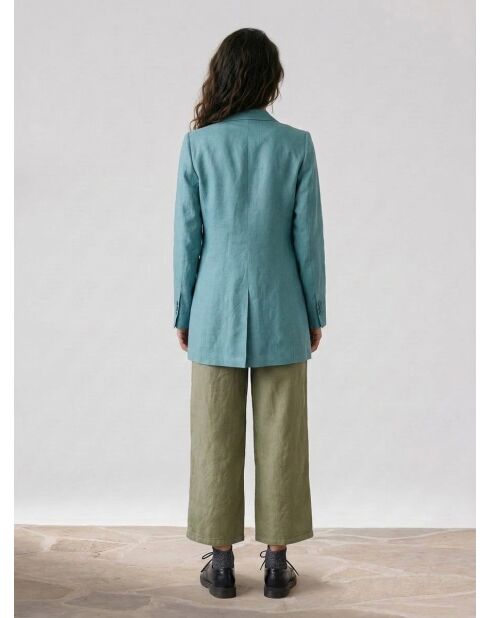 Türkisblauer Langer Blazer aus Leinenmischung