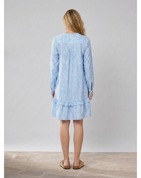 Blauw/witte korte jurk met ruches