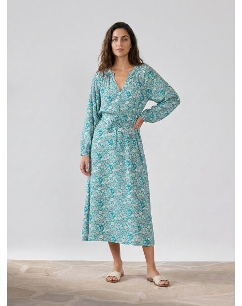 Evi Kleid aus Seidenmix mit türkisfarbenem Gänseblümchen-Print