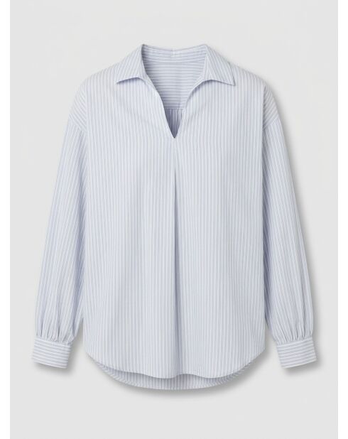 Himmelblaue, locker sitzende Baumwollbluse mit gestreifter Krone