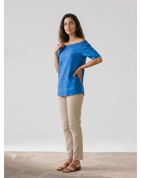 Azurblaue Bluse Malba aus Leinenmischung