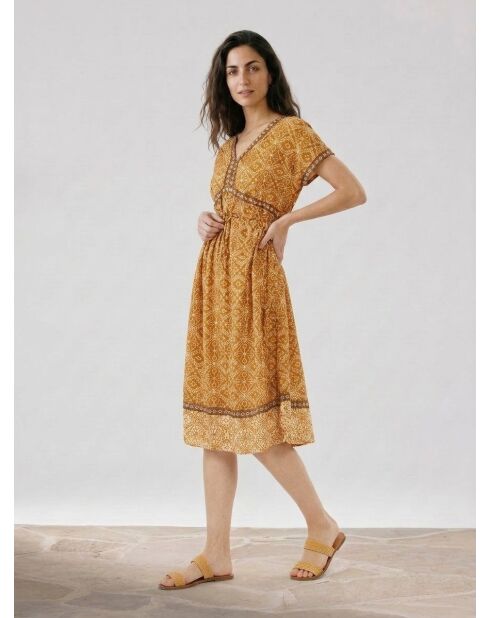 Vestido Soraya de longitud media con estampado ocre